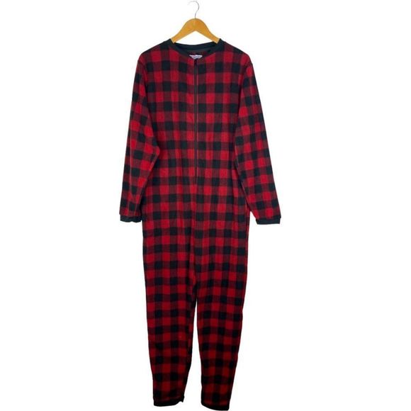 SLEEPYHEADS Men's Red Black Buffalo Check One Piece Pyjamas Loungewear US L - Picture 2 of 8